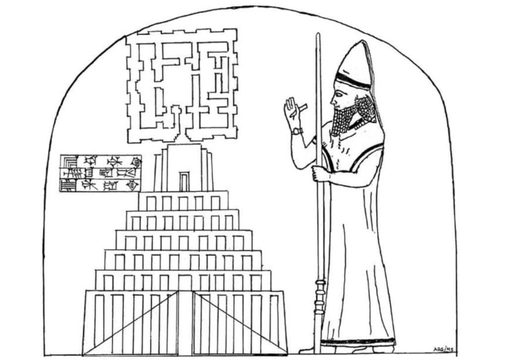 Dibujo de la estela de la Torre de Babel